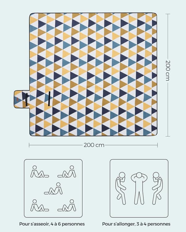 Picnicteppe, 200 x 200 cm, ideelt for camping, parker, hager, strender, sammenleggbart.