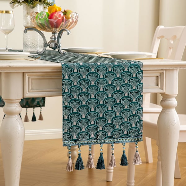 Pöytäliina, Vintage-tyylinen ylellinen brodeerattu kukka-jacquard-damastikangas monilla tupsuilla olohuoneen lipastoon (13x71 tuumaa)