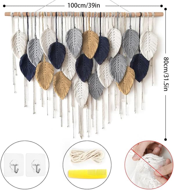Macrame Väggbonad Stor Gobeläng Vävd Väggbonad Boho Macrame Blad Väggdekoration Fjäder Chic Vävd Konst White-navy-khaki-gray