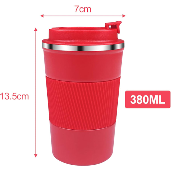 380ml Röd Isolerad Kaffekopp, 304 Rostfritt Stål Återanvändbar Isolerad Mugg Bilkopp med Lock, Läckagesäker Kaffekopp