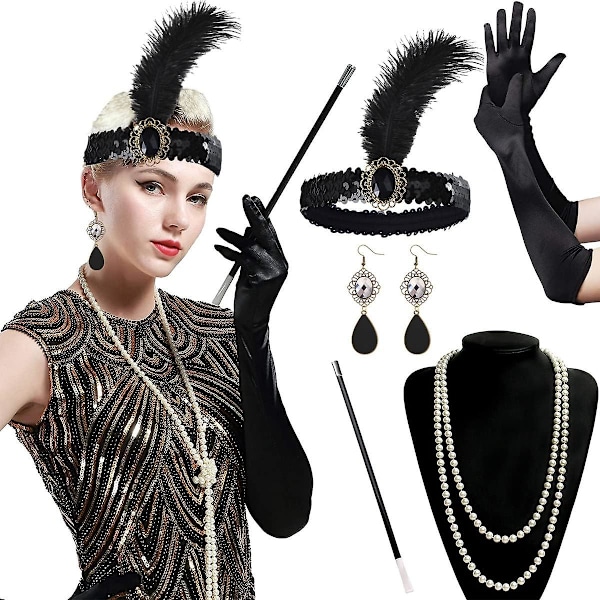 1920-luvun asusteet naisille, Gatsby-asustesetti naisille, muodikas 1920-luvun teema, pääpanta, pitkät mustat käsineet, kaulakoru, korvakorut, cosplay