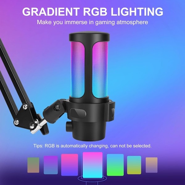 USB Gaming Mikrofon, RGB Kondensatormikrofon, med Arm, til Mac PS4 PS5, Streaming Spil Podcasts