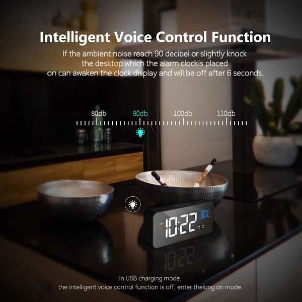 Digital väckarklocka med stor LED-temperaturdisplay, sängklocka snooze, bärbar spegelalarm med dubbelalarm