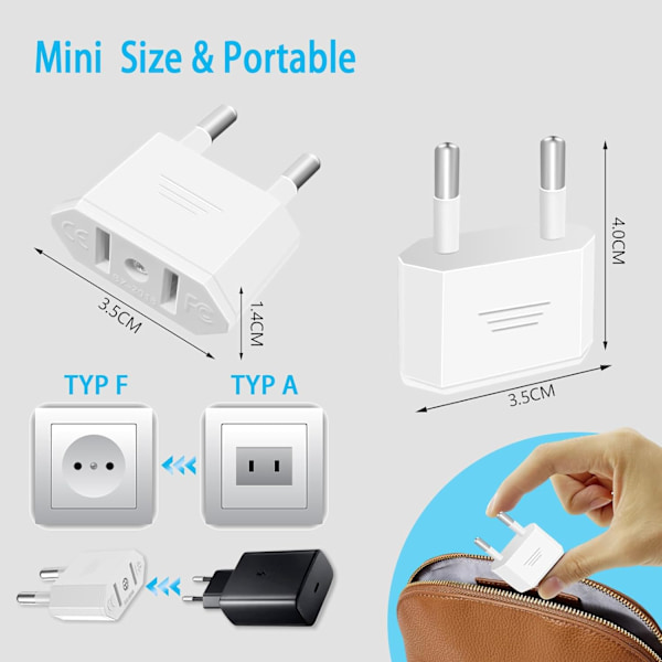 2 Stykker US til Frankrike Pluggadapter, Tyskland Pluggadapter for US til EU Reise