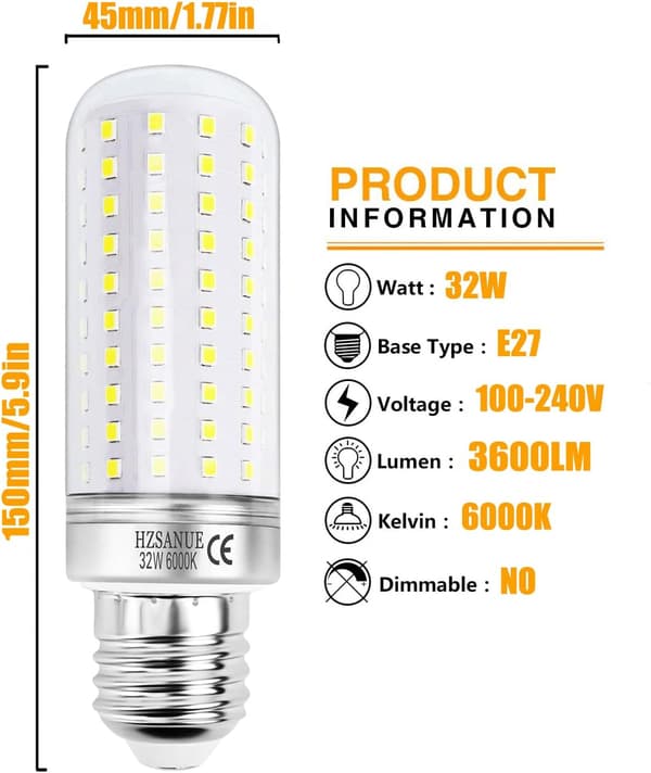 Majskolvs-LED-lampa, 32 watt, E27 Edison-skruvbas, vitt ljus, ej dimbar, 2-pack