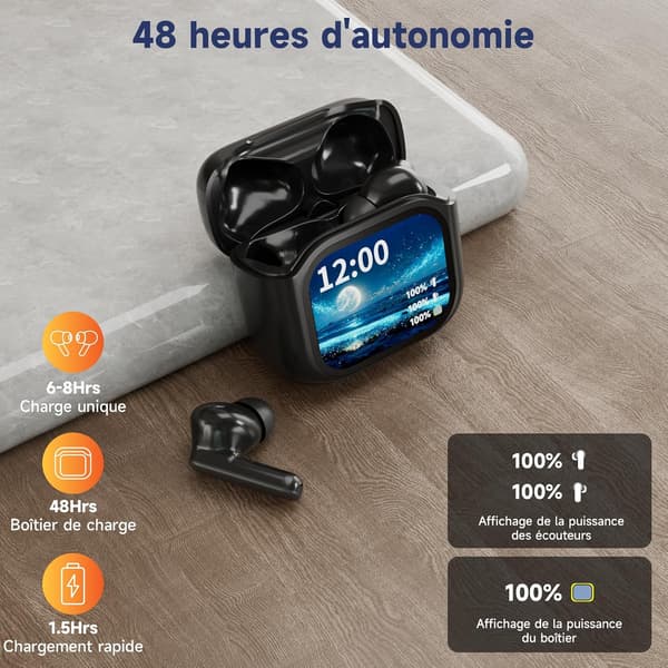Trådløse Bluetooth 5.4 ørepropper, berøringsskjerm, 48 timers spilletid, svart