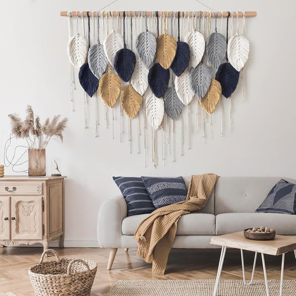 Macrame Väggbonad Stor Gobeläng Vävd Väggbonad Boho Macrame Blad Väggdekoration Fjäder Chic Vävd Konst White-navy-khaki-gray