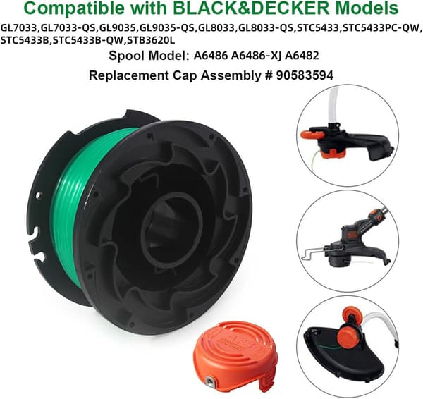 A6486 A6486-XJ A6482 Spoletråd - 6m (20ft) 2mm (0.080\") Kompatibel med BLACK+DECKER GL8033, GL9035, STB3620L, STC5433 Gresstrimmere