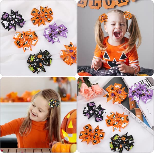 Set med 6 Halloween-hårklämmor med rosetter - Pumpa- och fladdermusdesign - Tillbehör för flickor