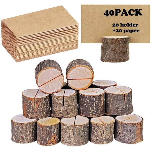 Paikkakortinpidikkeet, rustiikkiset aitoa puuta puunkuorella, pöytäkortinpidike (20 pidikettä + 20 voimapaperia)