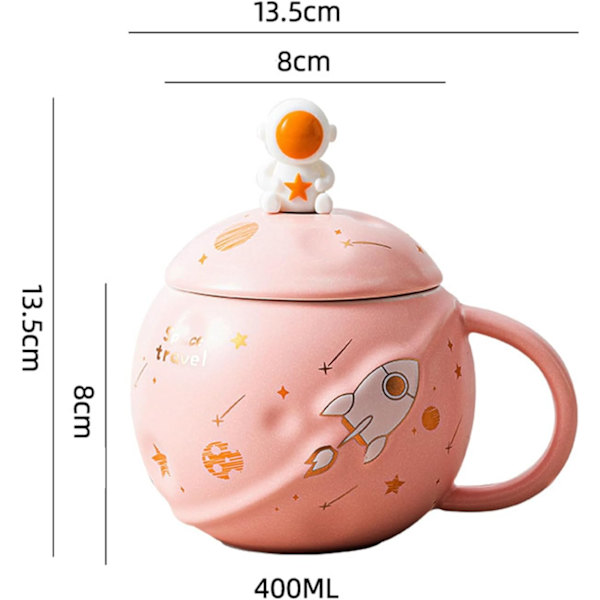 Söt Keramikmugg med Lock och Sked Rymdfararekopp Präglad Planetmugg, Kaffe- eller Te-mugg, Mjölk (Rosa)