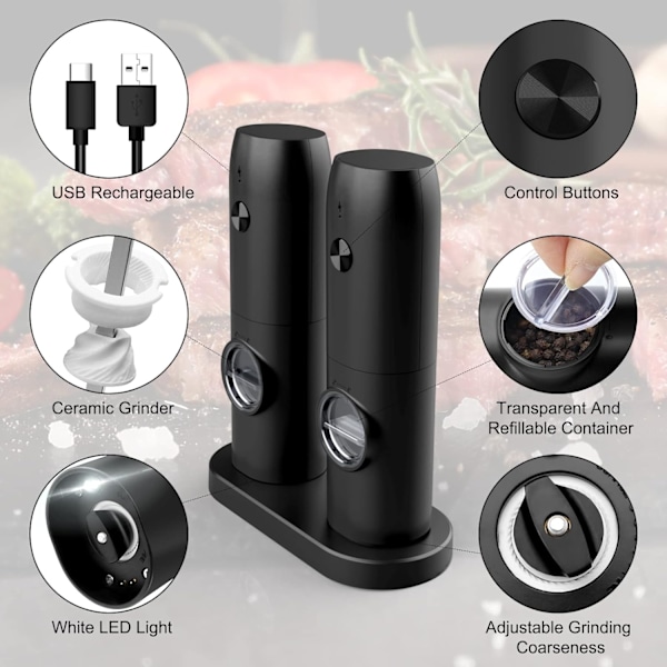 Elektrisk salt- og pepperkvernsett, 2 stk USB Oppladbart sett Justerbar grovhet med base