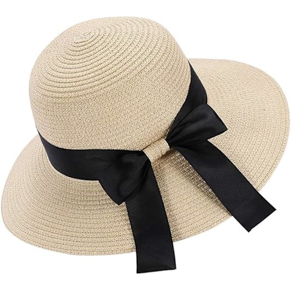 Dame Solhat Floppy Foldbar Sløjfe Stråhat Sommer Strandhat UV Beskyttelse UPF50 Beige