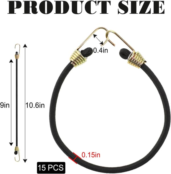 Förpackning med 15 elastiska gummisnören, med krokar, 23 cm långa, töjbara, lämpliga för säkerhetsskydd.