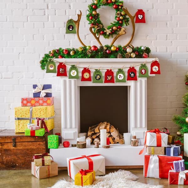 Adventskalenderpose, linned snørepose, juleadventskalender, jule slikpose, 24 nummer stofpose