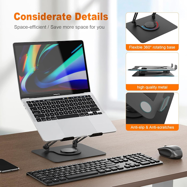 Laptopstativ for skrivebord, sammenleggbart laptopstativ med 360° dreibar base, justerbar høyde og vinkel, ventilert datamaskinholder kompatibel