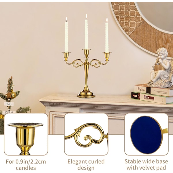 Guld metal lysestage 3-armet lysestage 27 cm høj bryllupsbegivenhed kandelaber lysestage, Guld