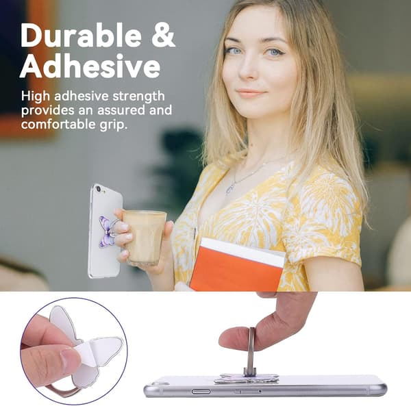 3-pakning sommerfugl telefonringholder, søt malt sommerfugldesign metallringstativ, 360° roterende telefonringholder