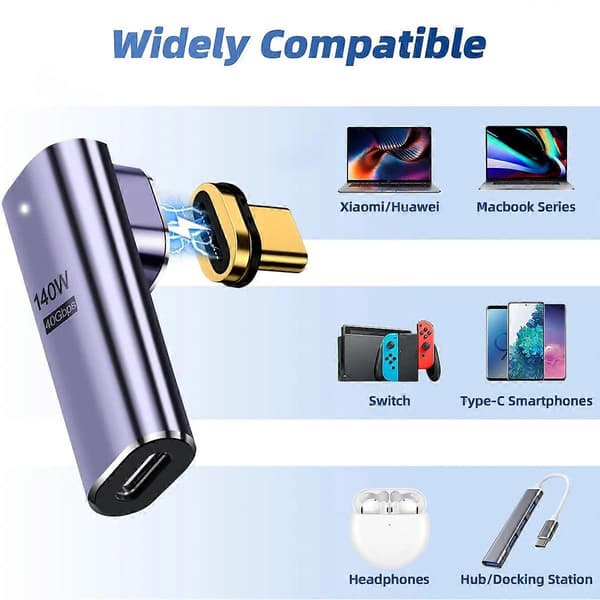 Magnetisk USB4 Type-C Front Albuekonverter 40Gbps 140W 5A Hurtiglading OTG Adapter