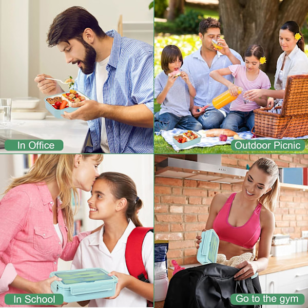 1400 ml Bento Lunch Box, behållare med 3 fack, BPA-fri smörgåslåda för vuxna och barn, blå