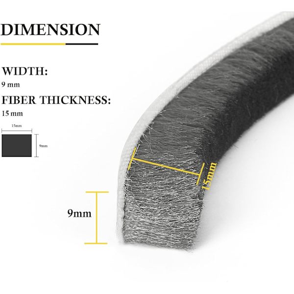 Dragtäckning för Fönster, 5m(L) x 9mm(B) x 15mm(T) Fönster- och Dörrtätning, Självhäftande Borsttätningsremsa för Skjutdörrar (Grå) 5 m(L) x 9 mm(W) x 15mm(T)