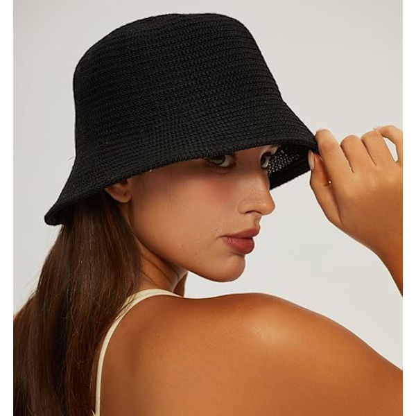 Stråhat til kvinder, stråhat, bøllehat, sommerhat, solhat, solbeskyttelseshat, sort