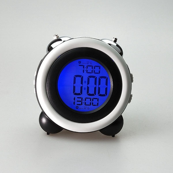 Höglarmig väckarklocka utan tickande sängbord batteridriven med snooze dubbel alarm nattlampa för tunga sovare blå/vit