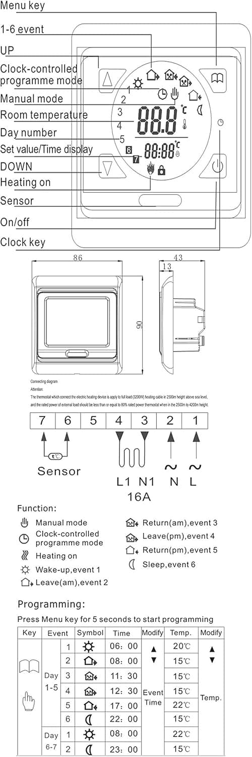 Touch Screen Digital Programmerbar Elektrisk Gulvvarmetermostat med Luft- og Gulvsensor