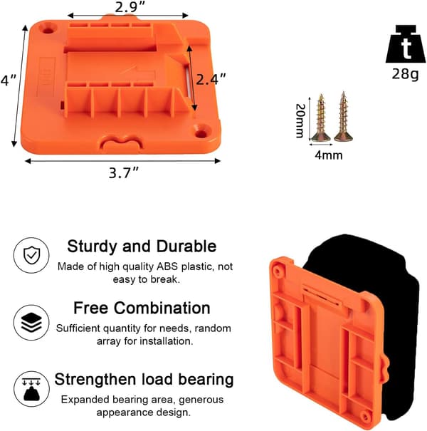 Förpackning med 5 batterifästen för Black+Decker 20V batterimonteringsbaser (10 skruvar ingår, batterier ingår ej)