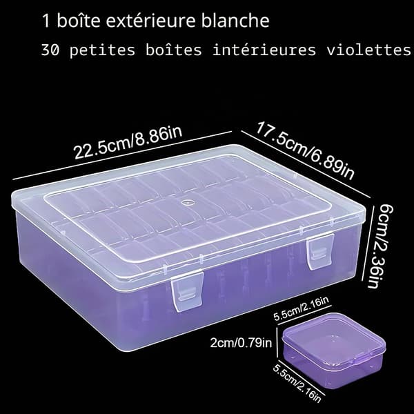 31 plastbokser: 1 gjennomsiktig boks og 30 fiolette