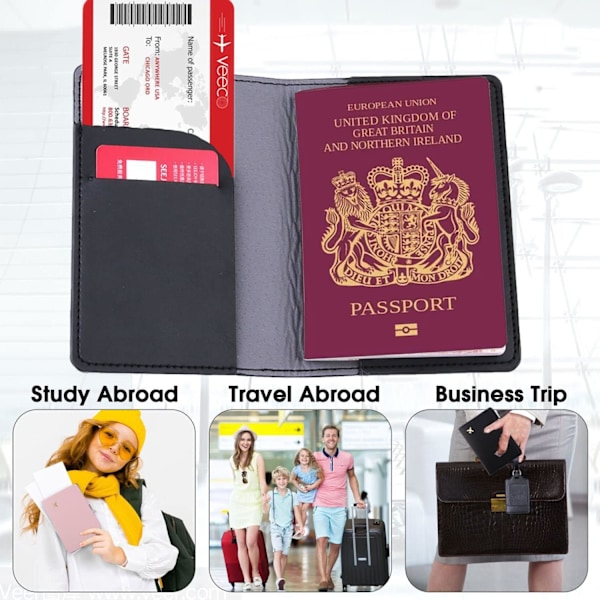 Passportholder, PU-lær Passportholder Reise Lommebok Organizer for Kredittkort, Penger, Ombordstigning, Pass (Svart)