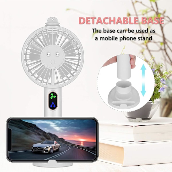 Mini Håndholdt Mist Fan - Bærbar Dobbelt Dyse Spray Batteridrevet 3 Hastigheder USB Genopladelig Med Mobiltelefonholder