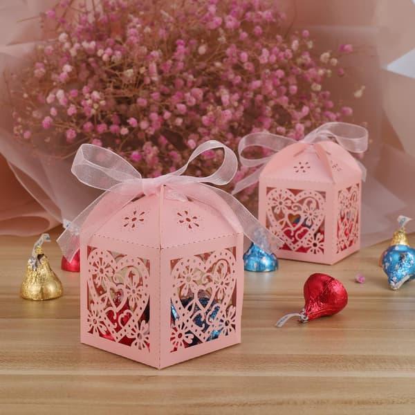 50 st Festpresentaskar, Bröllopspresentaskar med band, Liten Godispresentask, för Fest Nattvards Bröllopsgåvor Deco (Rosa)