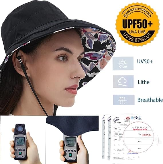 Solhatter for kvinner, bred brem, vendbar bøttehatt i bomull, sammenleggbar sommerreisehatt med hattklips, UV-beskyttelse svart