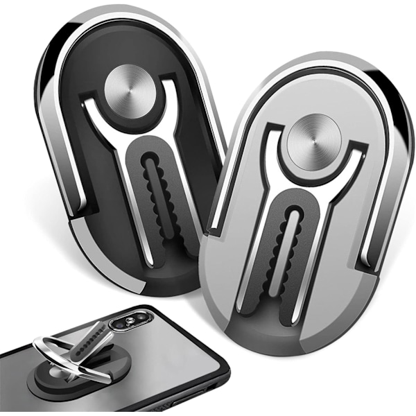 2 st Nya Multifunktionella Smartphone Fingerringfästen, 360° Roterbara, Biltelefonhållare, Mobiltelefonfäste för Luftventil (Svart + Silver)