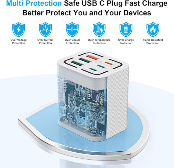 50W USB C Plugg Hurtiglading 6-Port Multi USB Lader Plugg Hurtigladeplugg