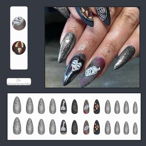 24 stk. Halloween Spindelvæv Sorte Matte Kunstige Negle Zombie Brud Tip Press-On Kunstige Negle