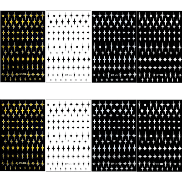 8 Ark Glänsande Guldstjärnor Nagelstickers Silver 3D Fyruddiga Stjärnor Nageldekaler Stjärnljus Självhäftande Nagelstickers