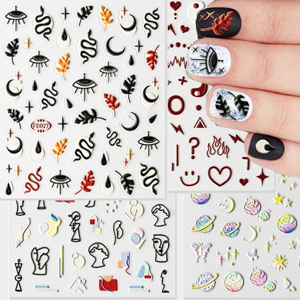 Nagelkonst Stickers Nya 5D Stereoskopiska Präglade Självhäftande Nageldekaler, Onda Ögon & Orm & Abstrakta Ansikten Hjärtan Nagelstickers (4 Ark)