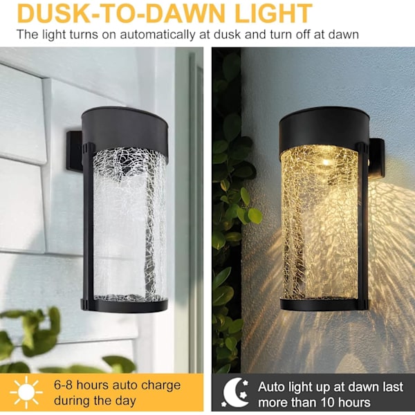 2-pack solcellslampor med sprucket glas för vägg, staket, trädgård, utomhus, vattentäta SMD LED-lampor för uteplats, däck, grind, gård, dekoration, varmt vitt