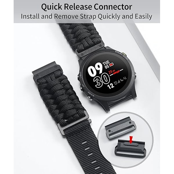 Kompatibel med Garmin urrem 20mm, kraftig flettet nylon sportsudskiftningsrem passer til Forerunner/Instinct/Fenix/Descent Sort