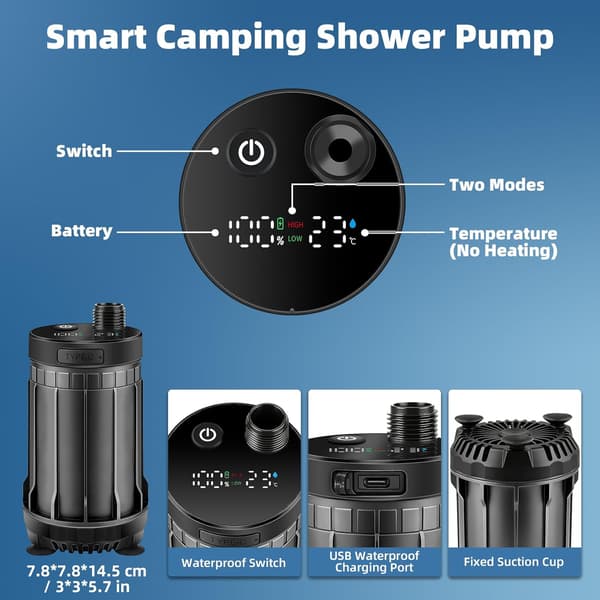 Bärbar campingdusch, 8000 mAh kapacitet, utrustad med en smart LED-display och IPX8 vattentäthetsklassning.