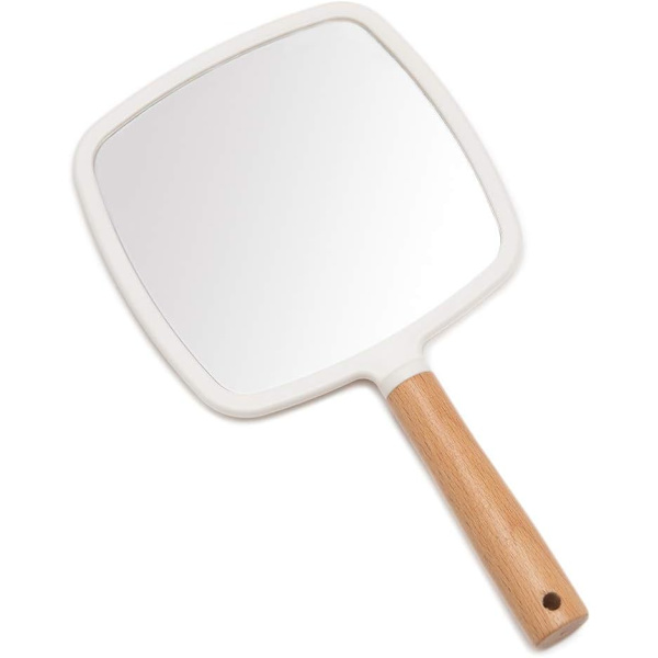 Handhållen spegel med handtag för smink, trä hand spegel ensidig bärbar fåfänga spegel