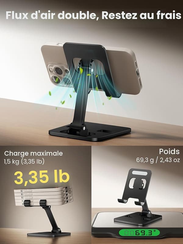 Bordtelefonholder, Dobbelt Sammenklappelig Holder, Bærbar Holder til iPhone, Air og Alle Andre Telefoner (Sort)