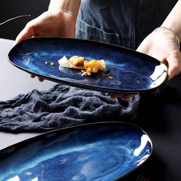 Fisketallerken Keramisk Fadeserveringsfad Fiskefad Sushi Fade Porcelænsmadbakke Middagstallerkener Ovnfast til Fisk Sushi 34,5 cm