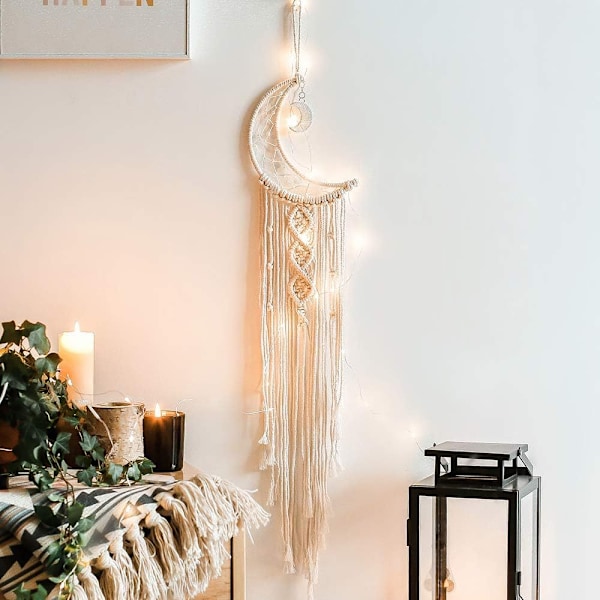 Macrame Väggbonad med LED-ljus, Måne Drömfångare Vävd Gobeläng Bohemisk Heminredning Bröllopsfest Ornament Hantverkspresenter