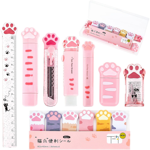 9 st Set med söta kattpåtassar, tecknad Kawaii pennvässare, utdragbar suddgummi, korrigeringstejp, klisterlappar, linjal (rosa)
