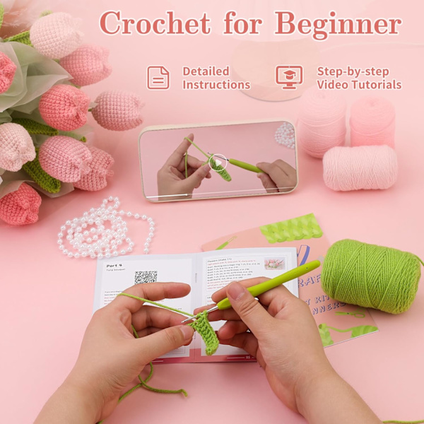 Blomsterbuket Hæklesæt til Begyndere, Inkluderer Trin-for-Trin Video Tutorial, Komplette Hæklesæt med Instruktioner til DIY Håndværk