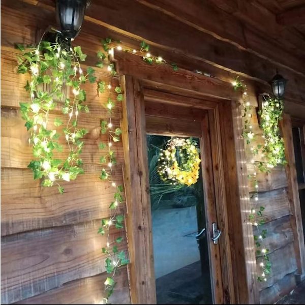 Ljusslingor med löv, 2m murgröna ljusslingor, 20 LED-lampor, växtväggdekoration för vår, bröllopsfest, trädgårdsfestival