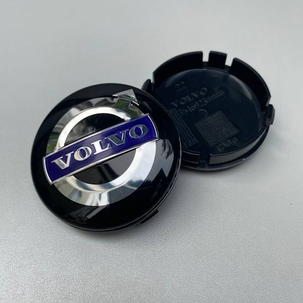4 x Volvo alufælge, center navkapsler, 64mm, sort / blå, C70, S60, V60, V70, S80, XC90